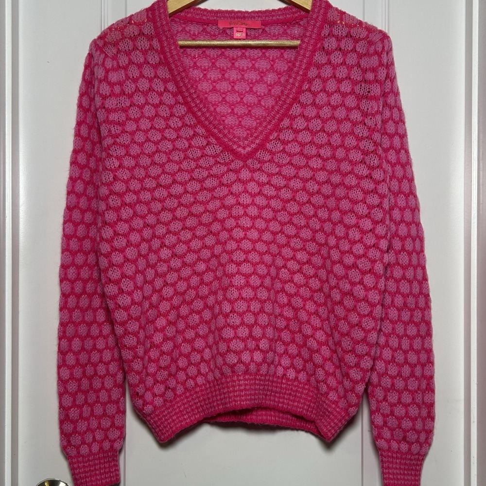 Lilly Pulitzer Wool Blend Pink Palms Honeycomb Brista V-Neck Pullover Sweater